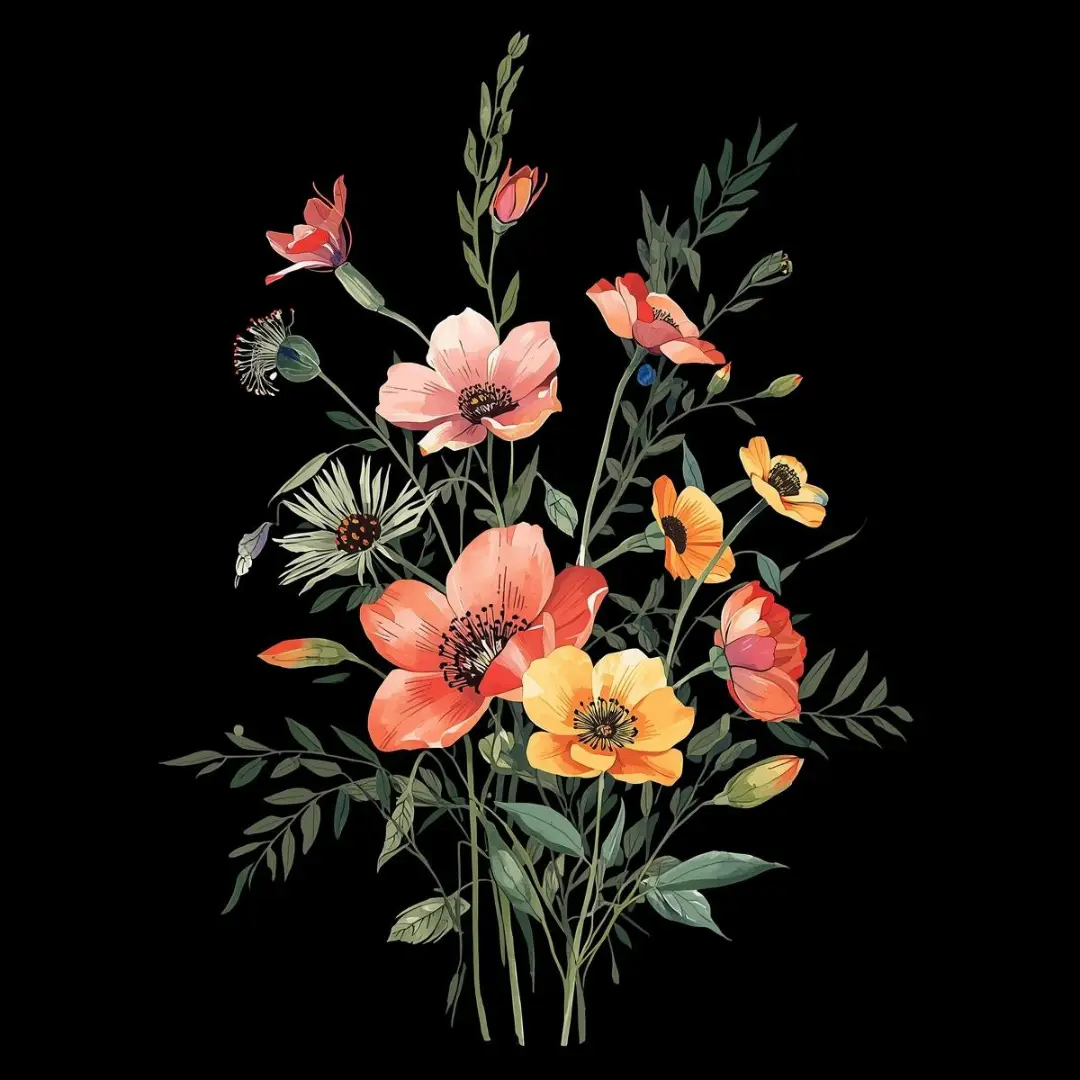 Vibrant watercolor painting of botanical flowers